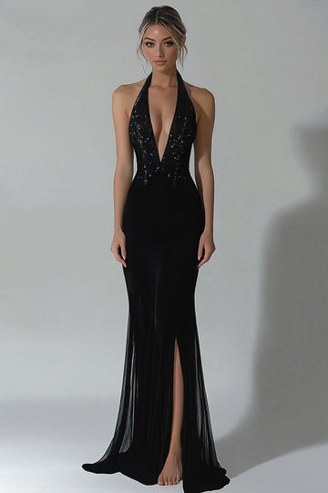 Zapaka Women Black Halter Mermaid Long Formal Dress with Slit V-Neck Chiffon Evening Gala Dress with Sequins